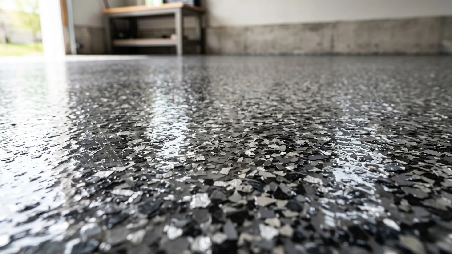 Finished flake-epoxy garage floor in soft natural light, Salt Lake City
